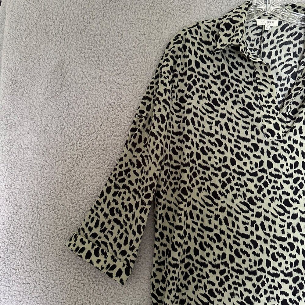 Umgee Womens Tunic Mini Dress Small Olive‎ Green Black Animal Print 3/4 Sleeve - Picture 7 of 10